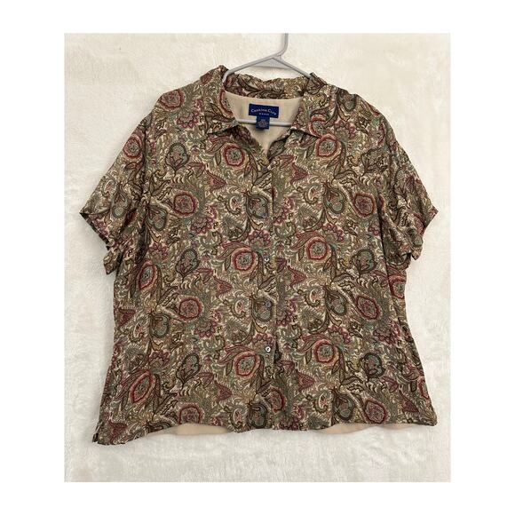Charter Club 100% Silk Brown Paisley Top 18W 1X Fall Button Office - Picture 1 of 8